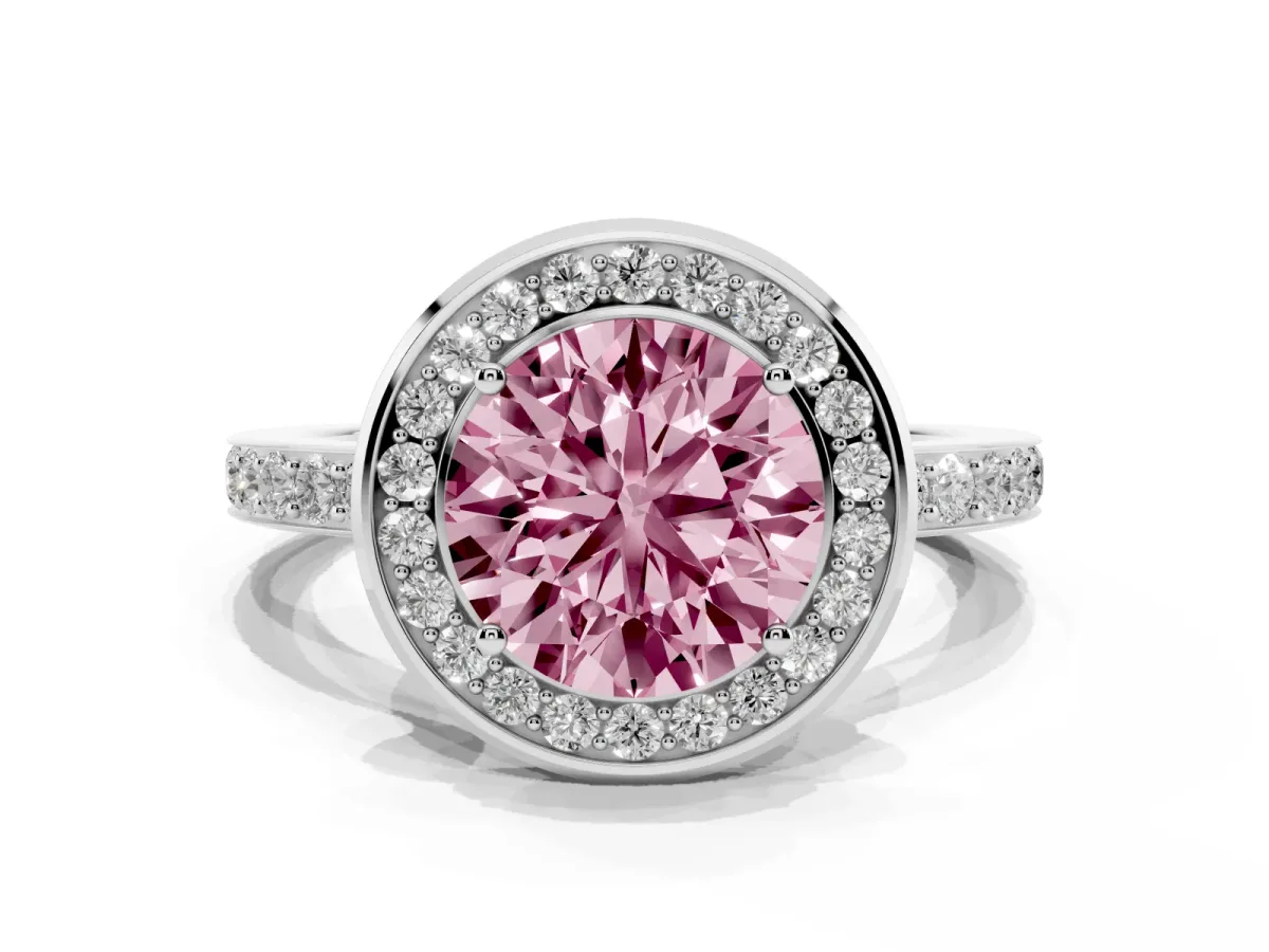 Fancy Pink Round Cut Diamond Halo Ring with Bezel Frame and Pavé Band Silver
