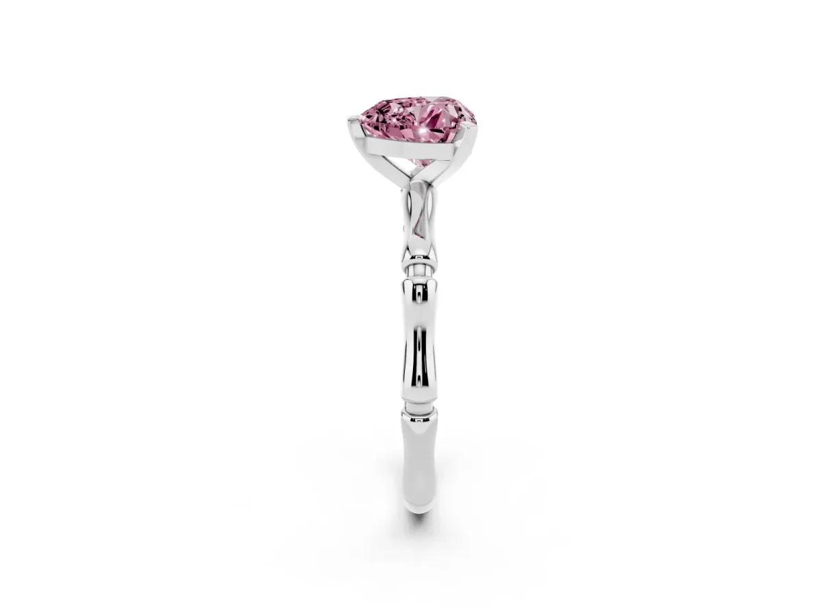 Fancy Pink Heart Cut Solitaire Diamond Ring with Bamboo Band and Four-Prong Setting Silver