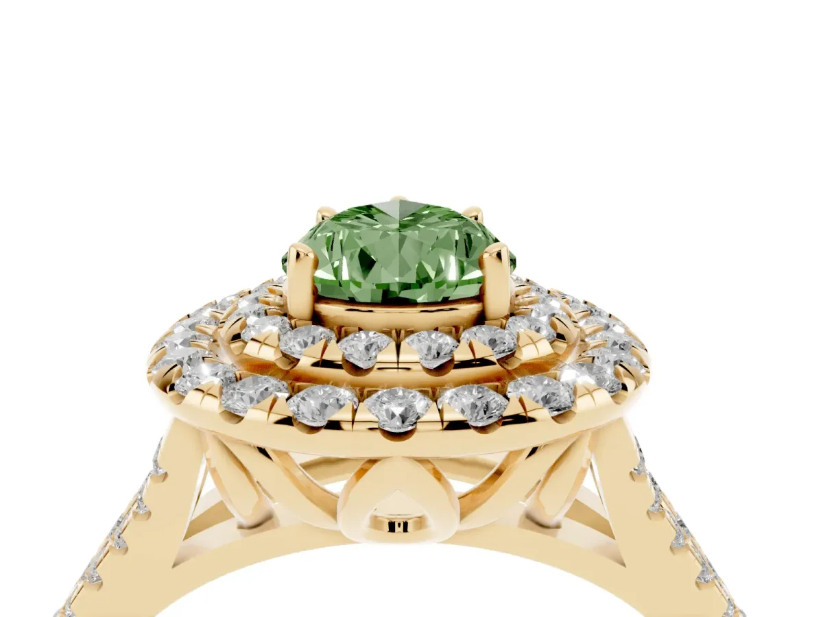Fancy Green Double Halo Pear Cut Diamond Pavé Split Shank Ring with Prong Setting Yellow gold