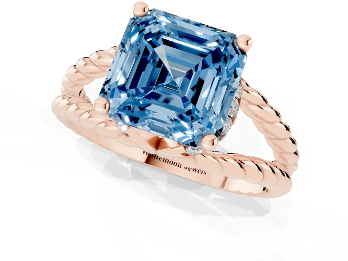 Fancy Blue Asscher Cut Halo Twisted Band Four-Prong Ring Rose gold