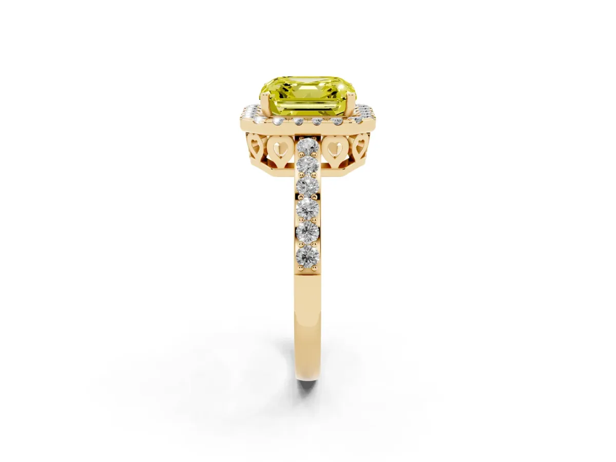 Fancy Yellow Asscher Cut Halo Diamond Pavé Band Ring with Prong Setting Yellow gold