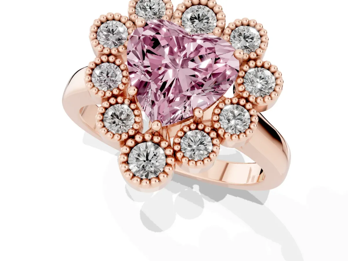 Fancy Pink Heart Cut Halo Diamond Cluster Engagement Ring with Milgrain Bezel Setting and Solitaire Band Rose gold