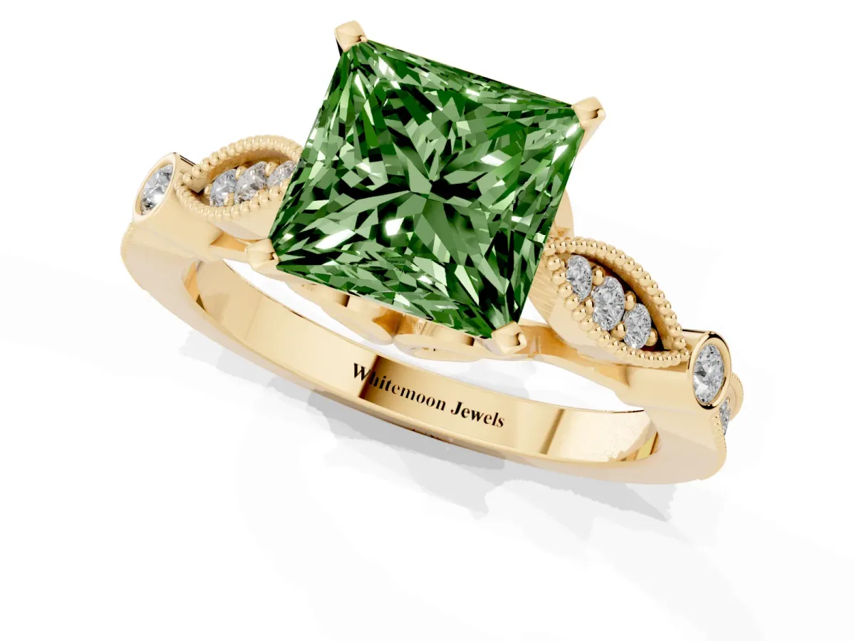Fancy Green Princess Cut Cut Diamond with Milgrain Marquise and Bezel Accents on a Solitaire Band with Prong Setting Yellow gold