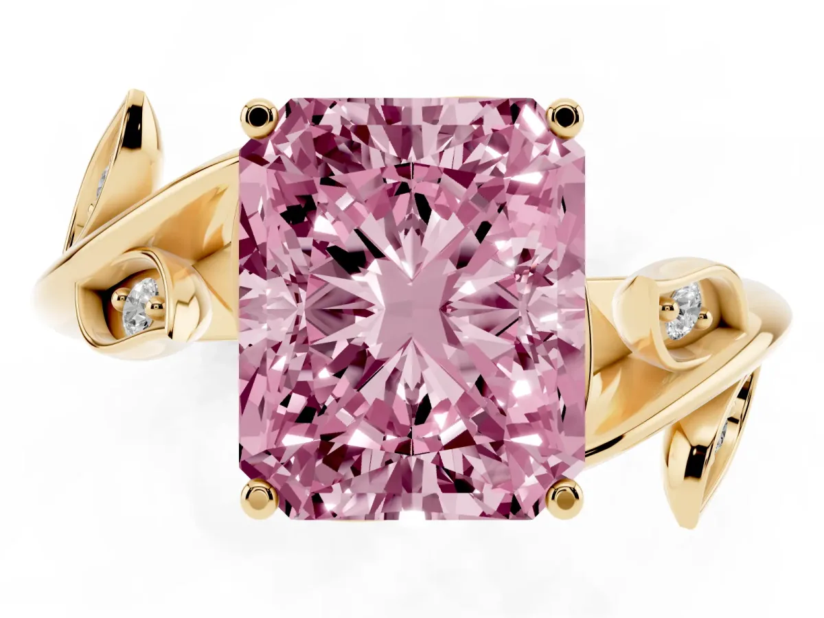 Fancy Pink Radiant Cut Solitaire Twist Engagement Ring with Leaf Accents and Prong Setting Yellow gold