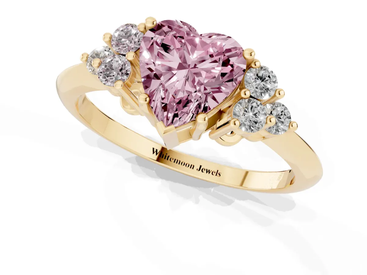 Fancy Pink Heart Cut Cut Diamond Cluster Ring with Solitaire Band and Four-Prong Setting Yellow gold
