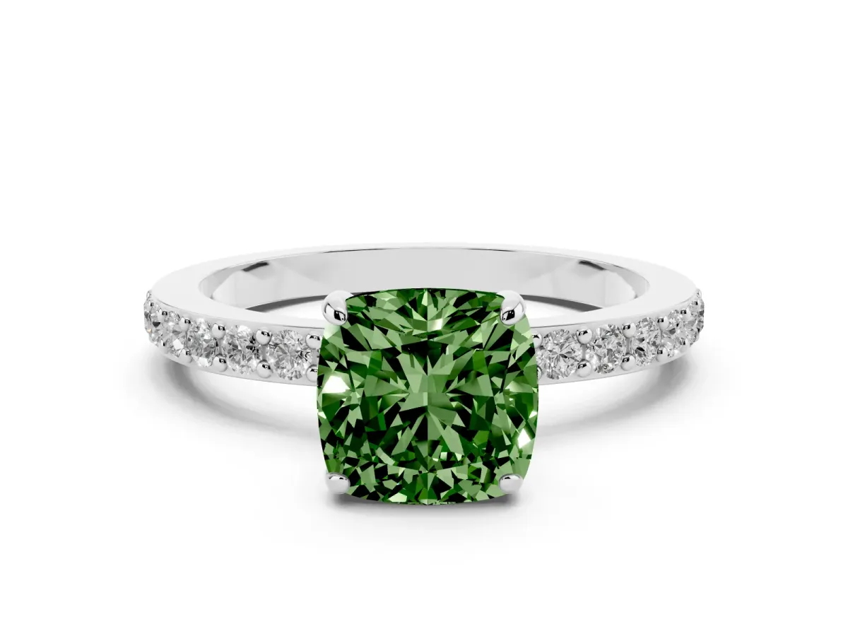 Fancy Green Cushion Cut Diamond Solitaire Engagement Ring with Pavé Band and Four-Prong Setting Silver