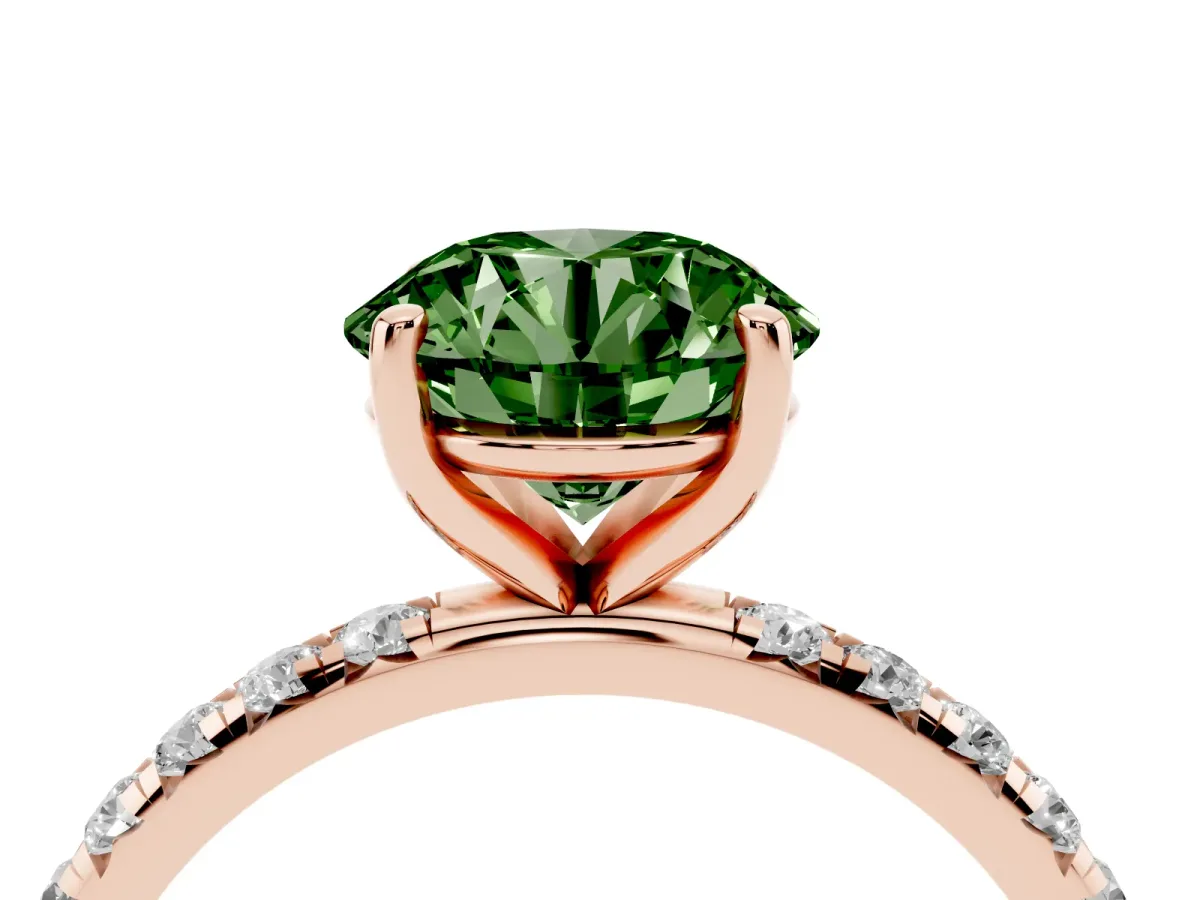 Fancy Green Round Cut Cut Diamond Solitaire Ring with Micro Pave Band and Four Prong Setting Rose gold