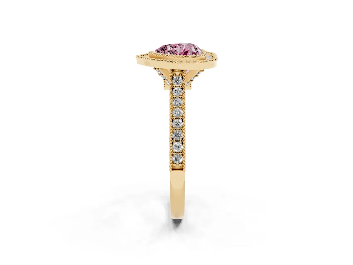 Fancy Pink Halo Heart Cut-Cut Diamond Pave Band Milgrain Prong Setting Ring Yellow gold
