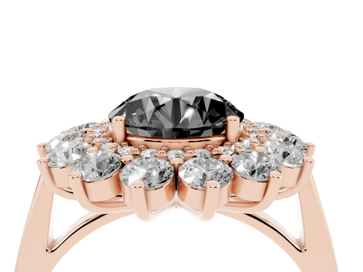 Fancy Black Round Cut Diamond Floral Double Halo Engagement Ring with Prong Setting Rose gold