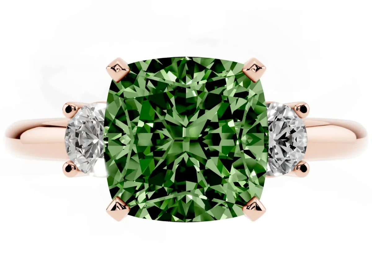 Fancy Green Three-Stone Cushion Cut Cut Diamond Solitaire with Prong Setting and Classic Band Rose gold