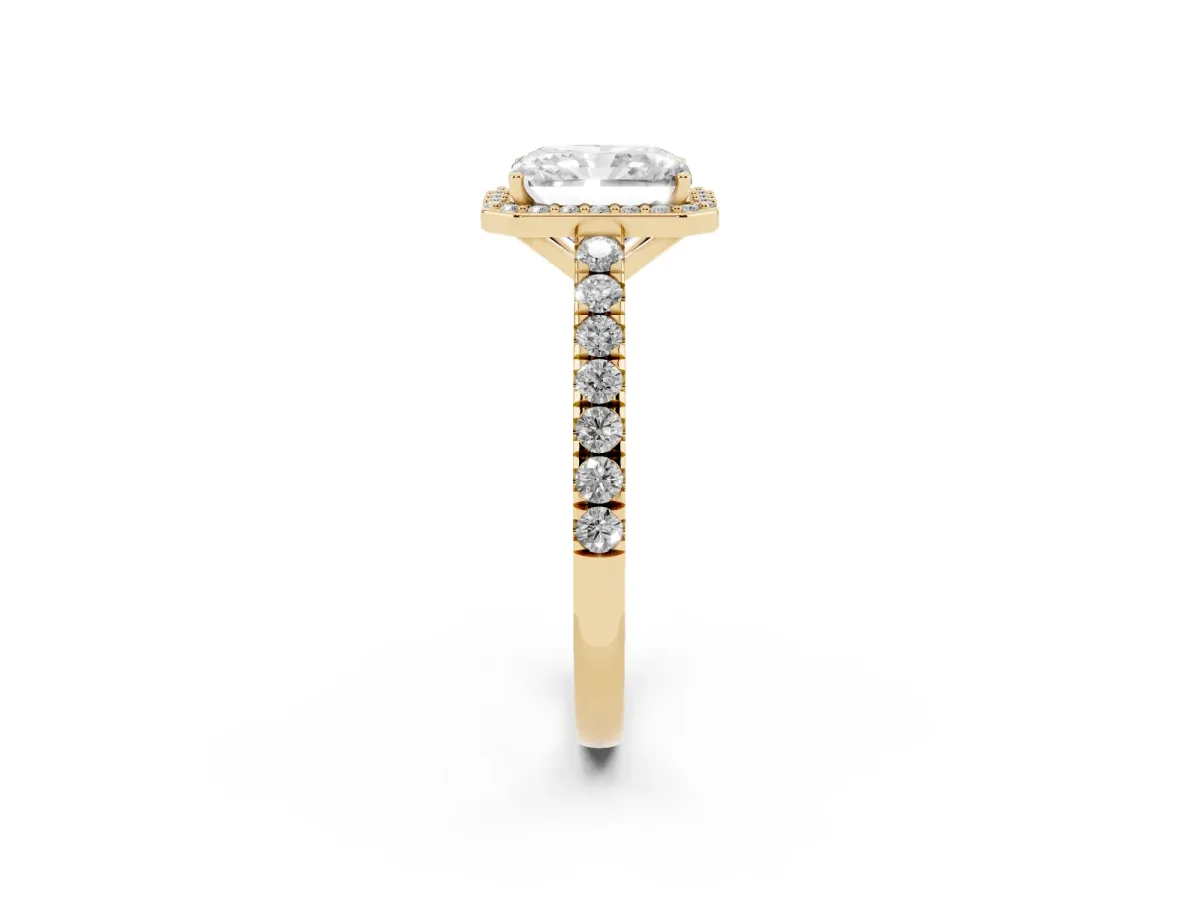 Radiant Cut Cut Halo Diamond Engagement Ring with Pave Band and Four-Prong Setting Yellow gold