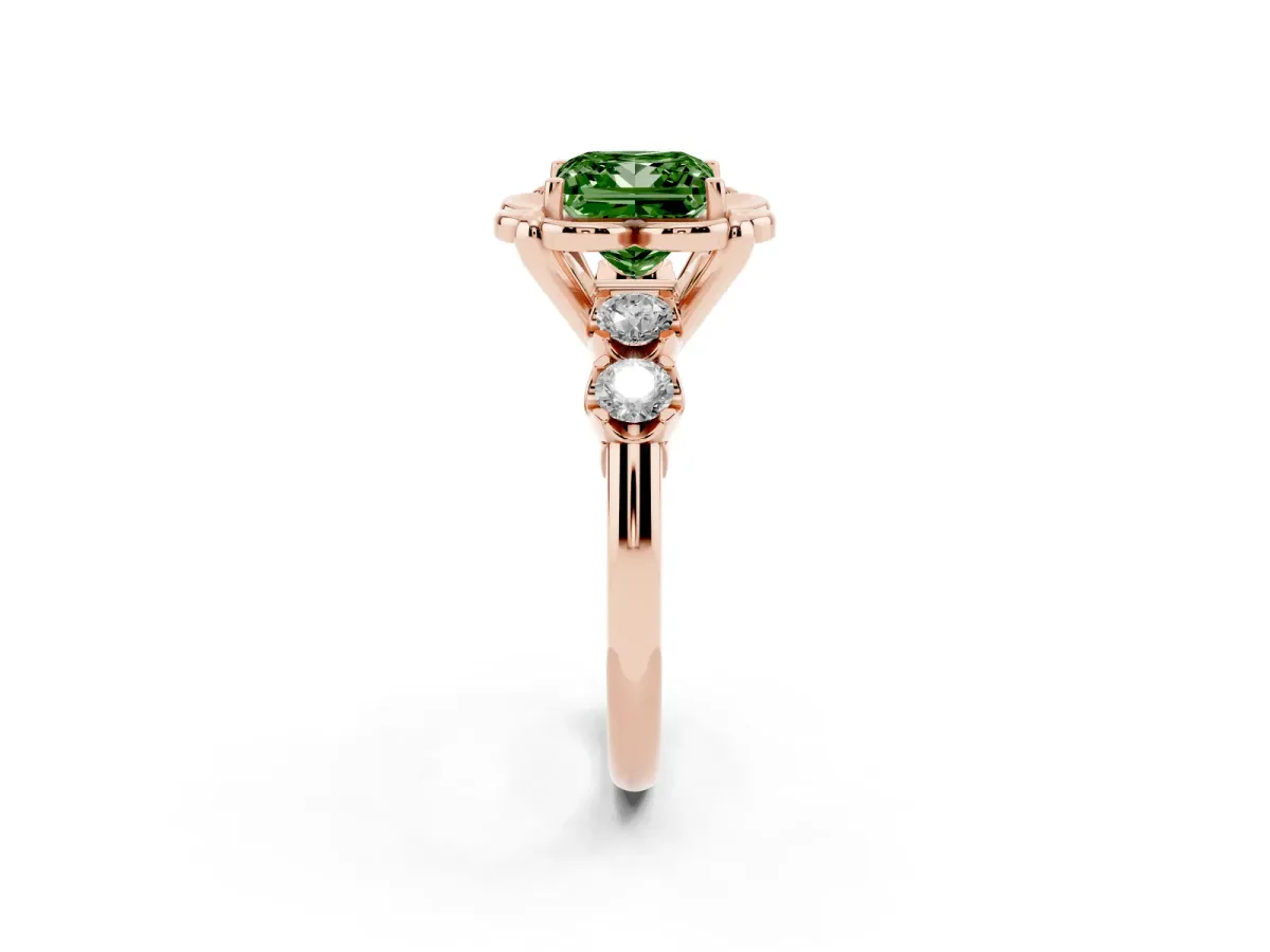 Fancy Green Princess Cut Cut Diamond Floral Halo Engagement Ring with Shared Prong Setting Rose gold