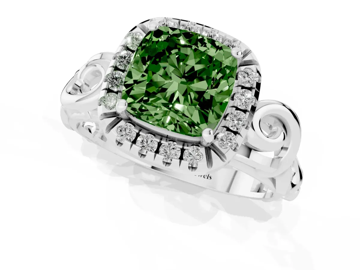 Fancy Green Cushion Cut Cut Halo Diamond Ring with Scrollwork Band and Four-Prong Setting Silver