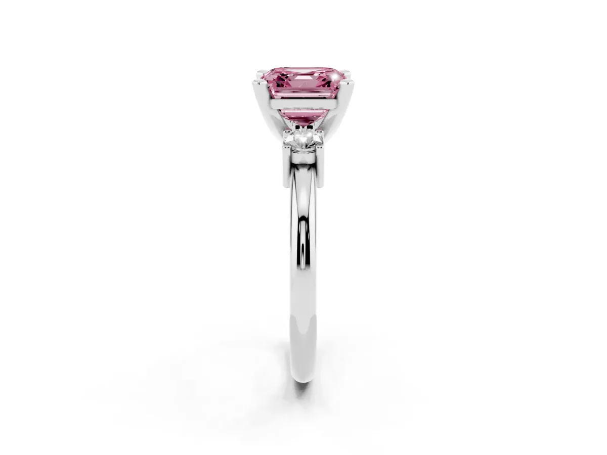 Fancy Pink Three-Stone Asscher Cut Cut Diamond Solitaire with Prong Setting and Classic Band Silver