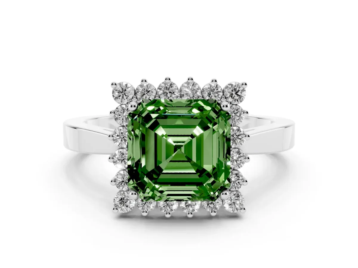 Fancy Green Asscher Cut Cut Diamond Halo Ring with Round Brilliant Halo and Solitaire Band Silver