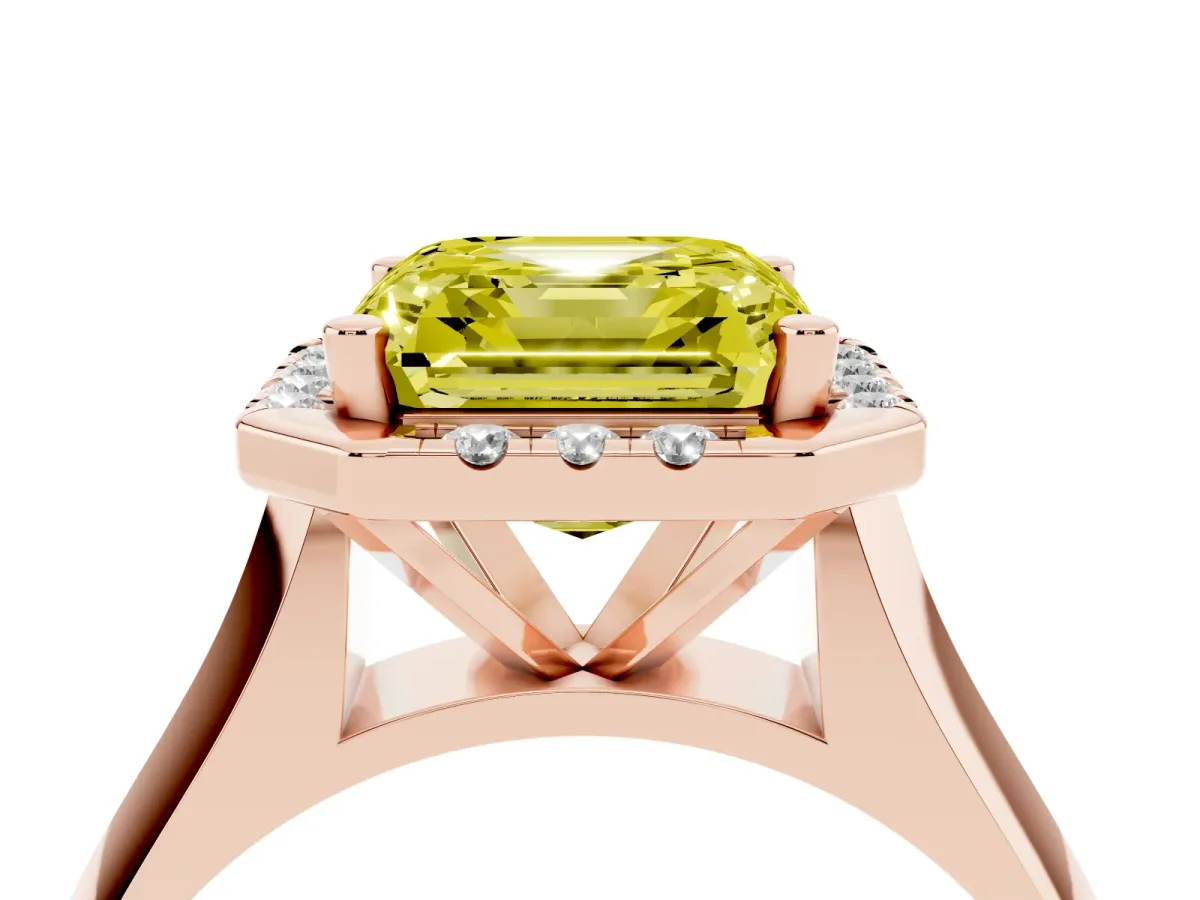 Fancy Yellow Asscher Cut Cut Halo Solitaire Engagement Ring with Square Band and Four-Prong Setting Rose gold