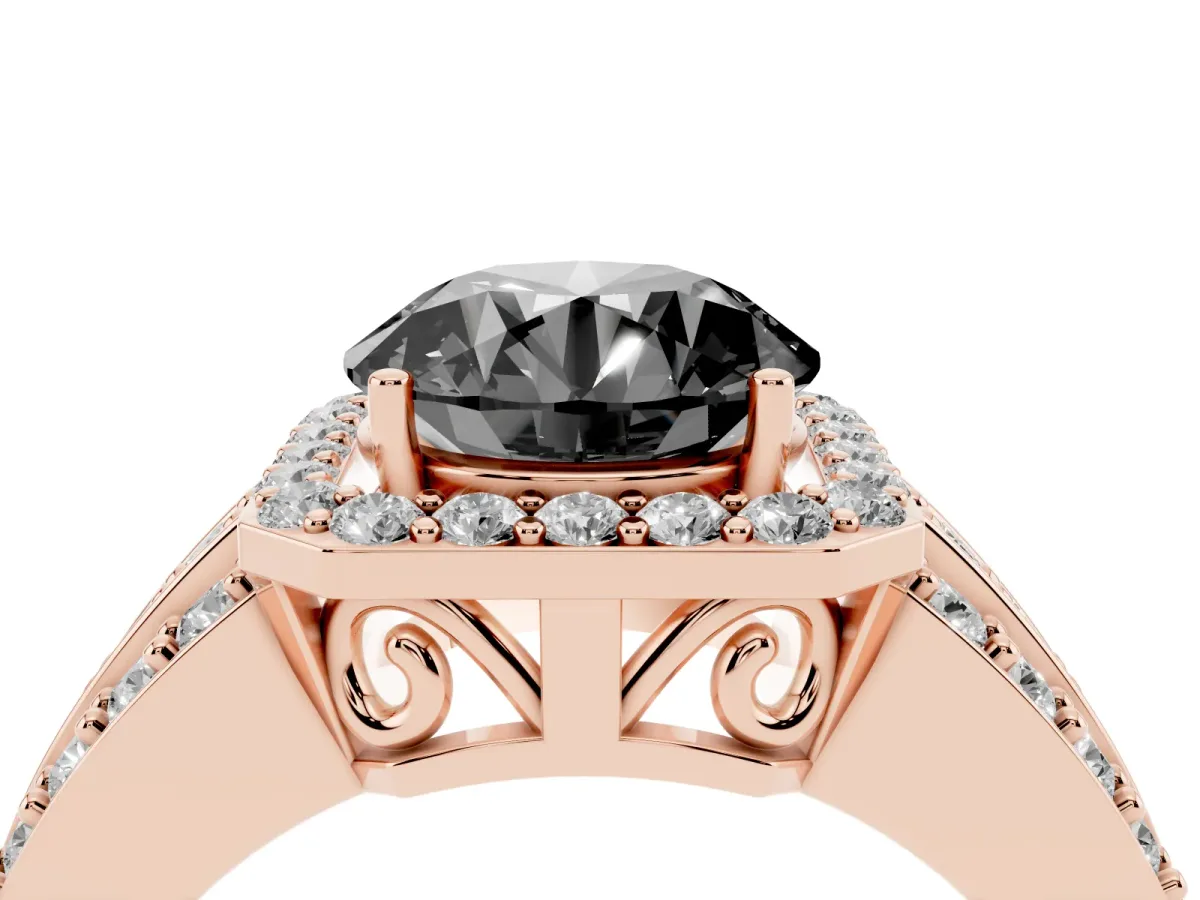 Fancy Black Round Cut Halo Diamond Ring with Round Split Shank and Prong Setting Rose gold