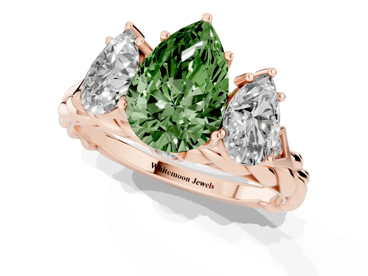 Fancy Green Three-Stone Pear Cut Diamond Braided Band Ring with Four-Prong Setting Rose gold