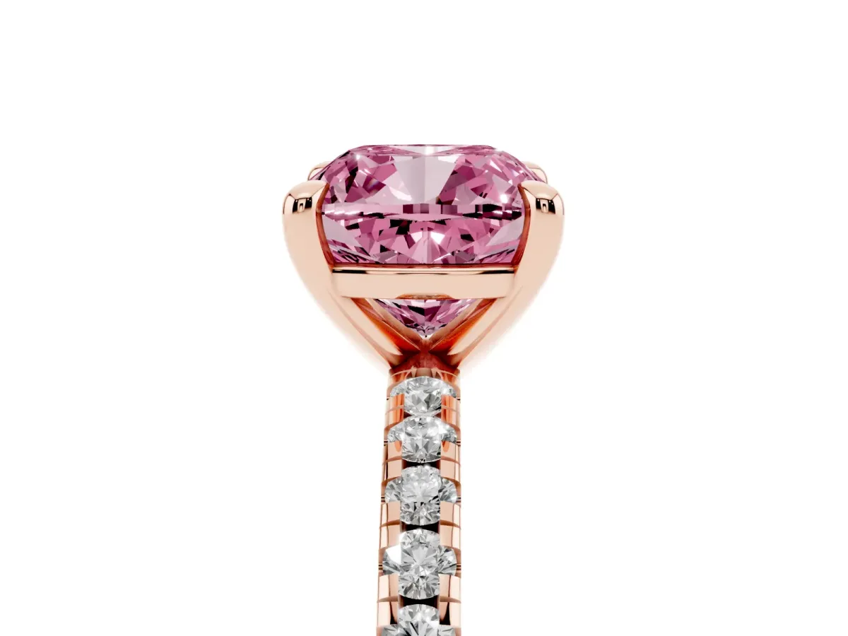 Fancy Pink Cushion Cut Diamond Brilliant Solitaire Ring with Pavé Band and Four-Prong Setting Rose gold