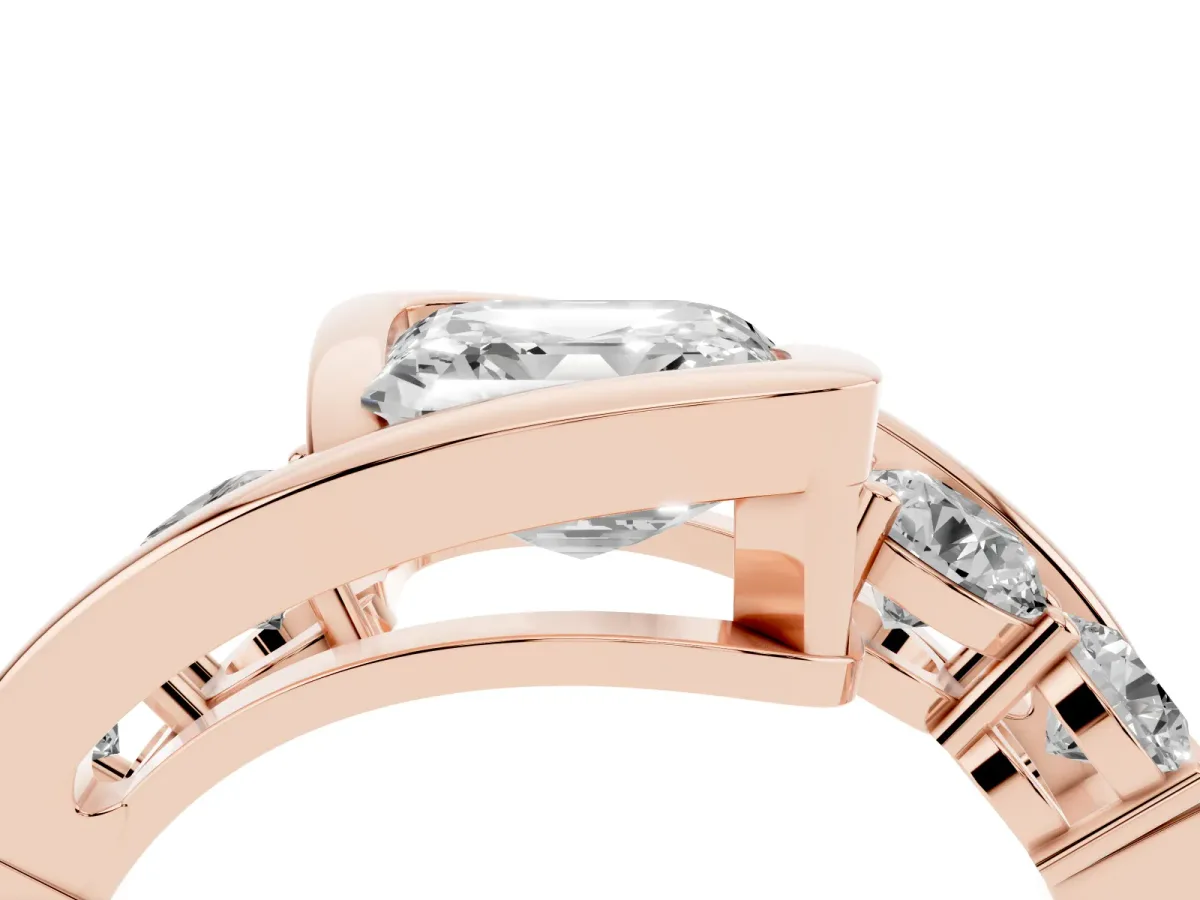 Bezel Set Asscher Cut Diamond Bypass Ring with Round Accents Rose gold