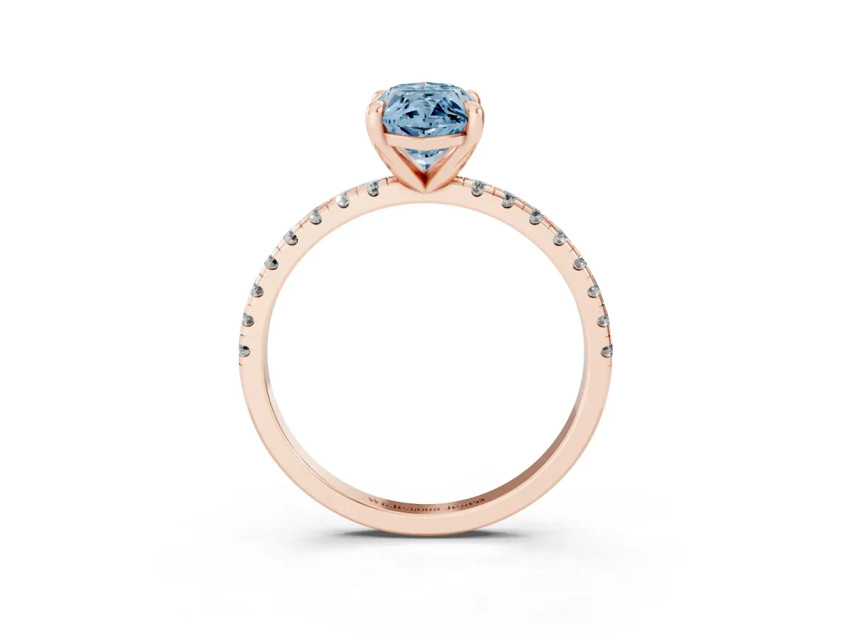 Fancy Blue Marquise Cut Diamond Brilliant Solitaire Ring with Pavé Band and Four-Prong Setting Rose gold