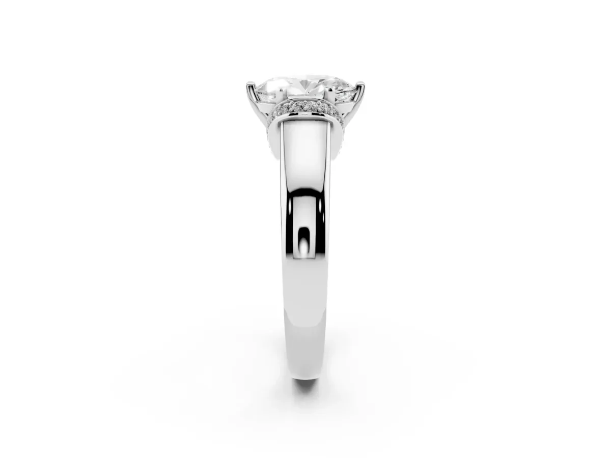 Oval Cut Solitaire Diamond Ring with Pave Band and Six-Prong Setting Silver