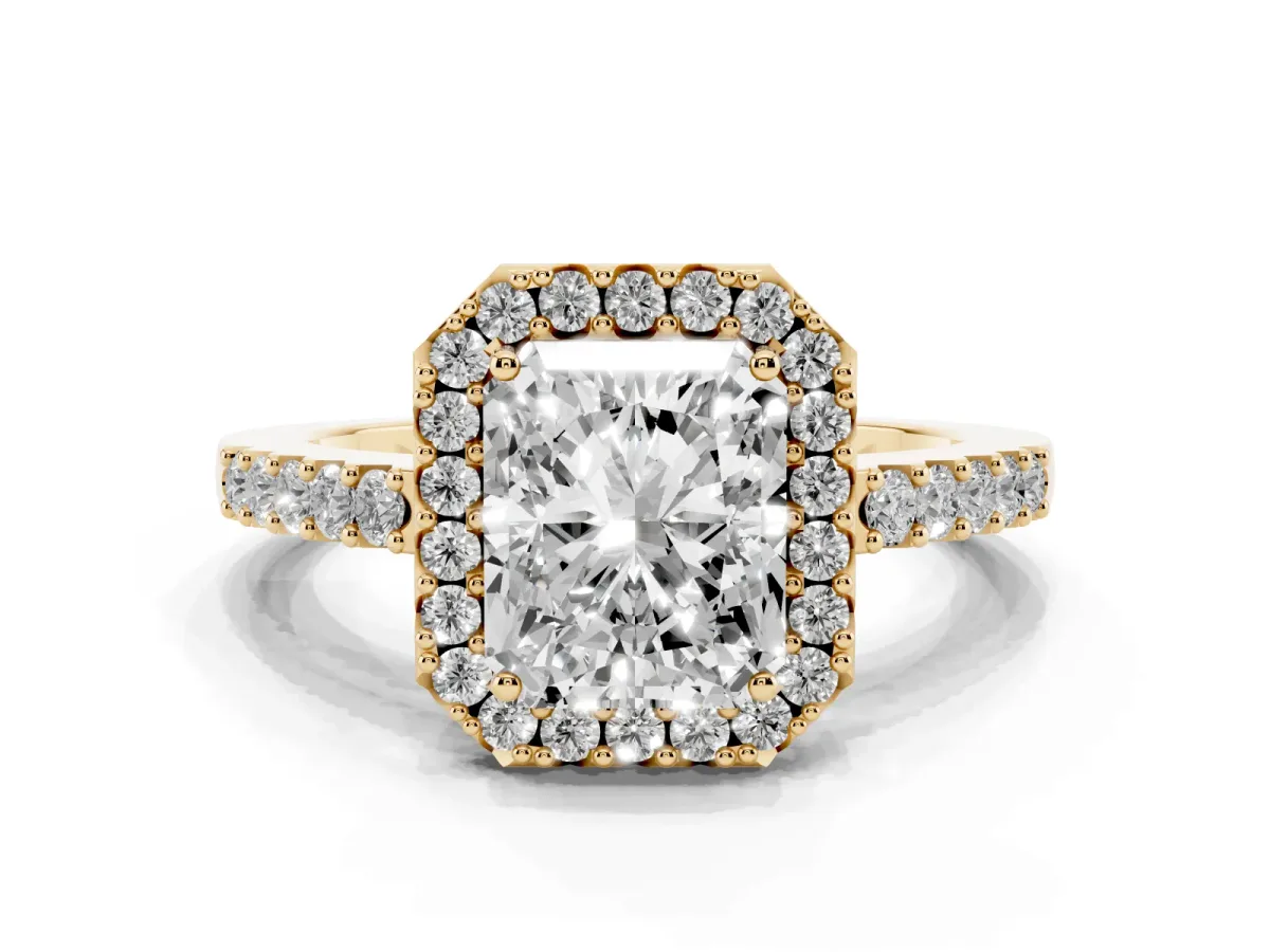 Radiant Cut Halo Diamond Pavé Solitaire Ring Yellow gold
