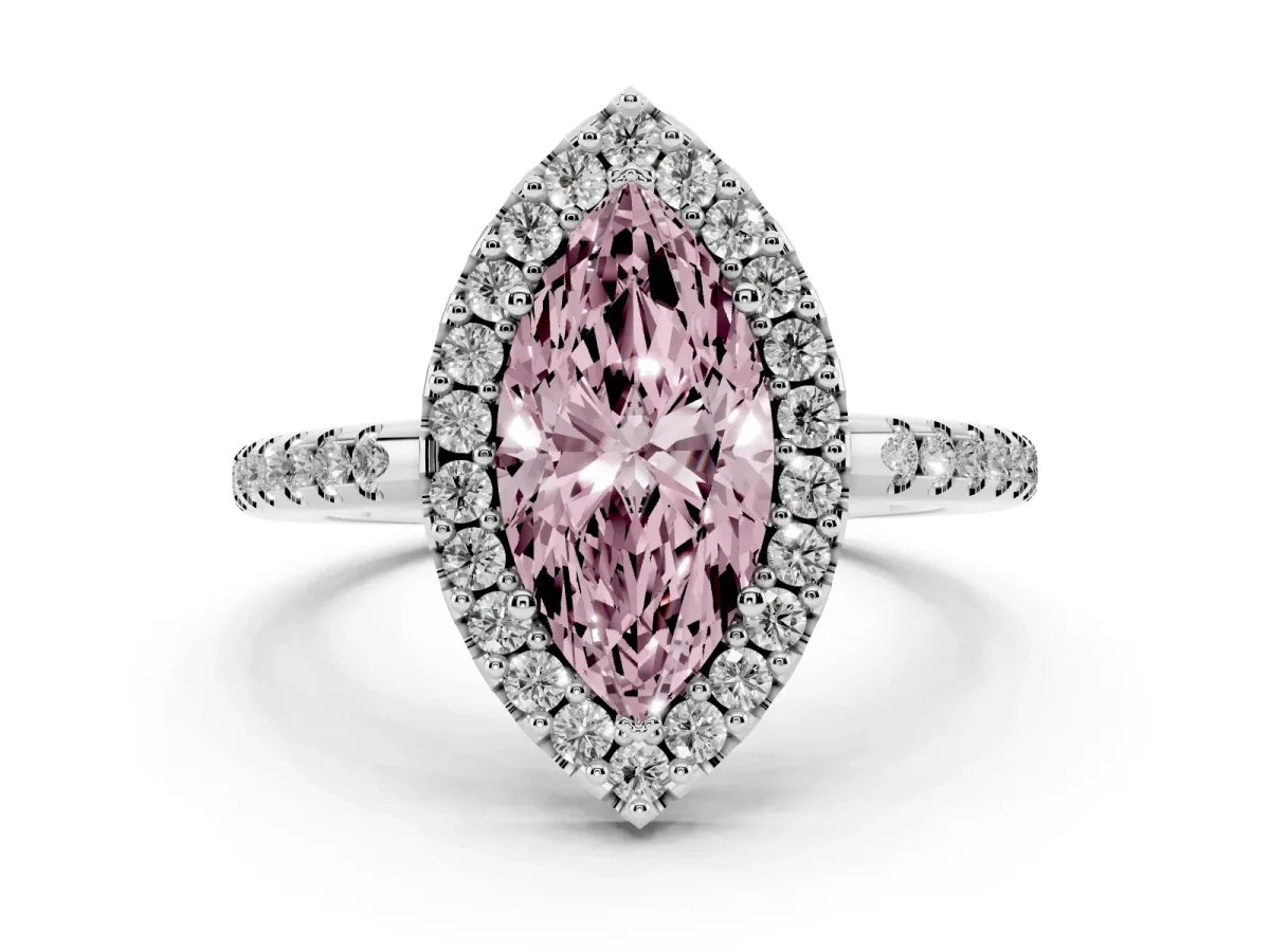Fancy Pink Marquise Cut Diamond Pavé Halo Ring with Four-Prong Setting Silver