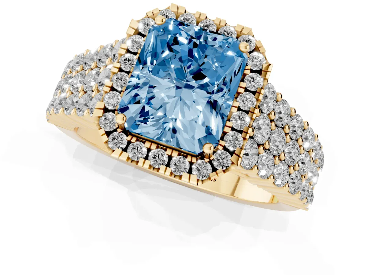 Fancy Blue Radiant Cut Diamond Halo Engagement Ring with Triple Row Round Pavé Band and Prong Setting Yellow gold