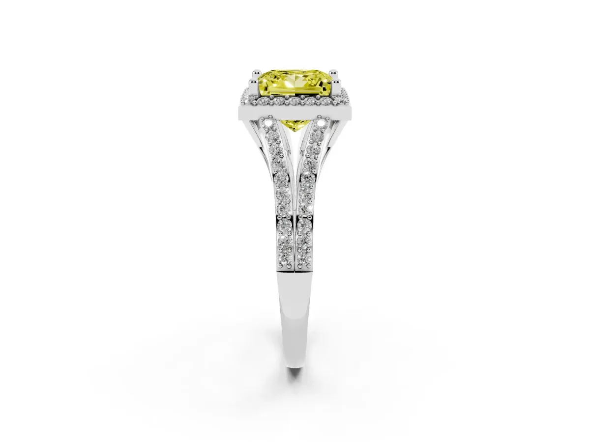 Fancy Yellow Princess Cut Halo Split Shank Diamond Ring with Prong Setting Silver