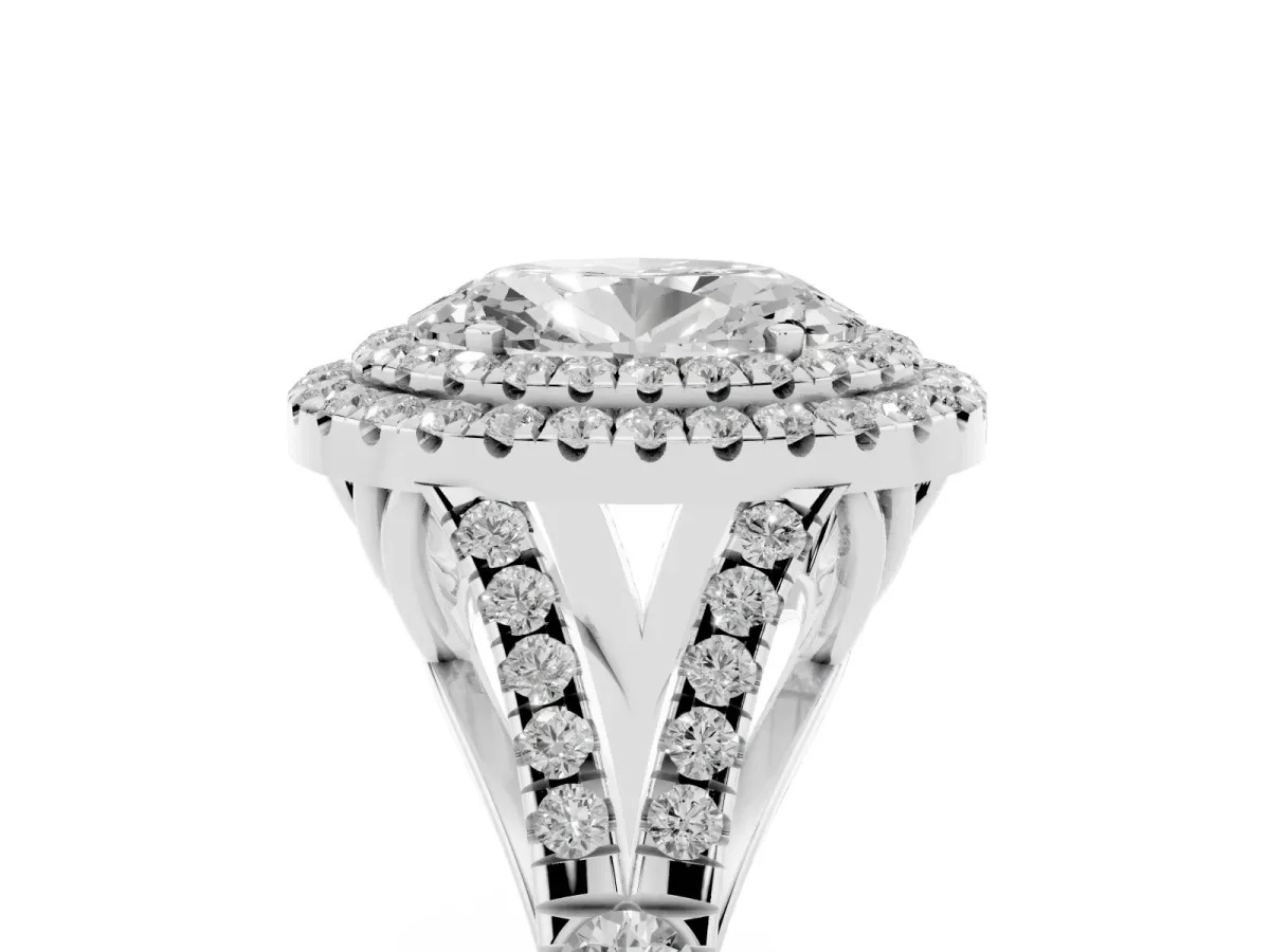 Oval Cut Cut Double Halo Split Shank Diamond Ring with Prong Setting Silver