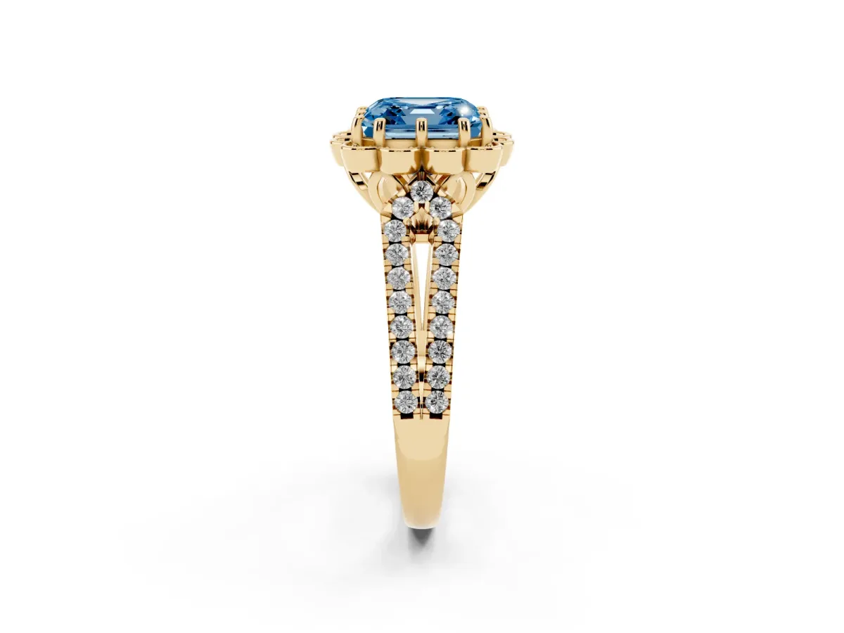 Fancy Blue Asscher Cut Halo Diamond Floral Split Shank Engagement Ring Yellow gold