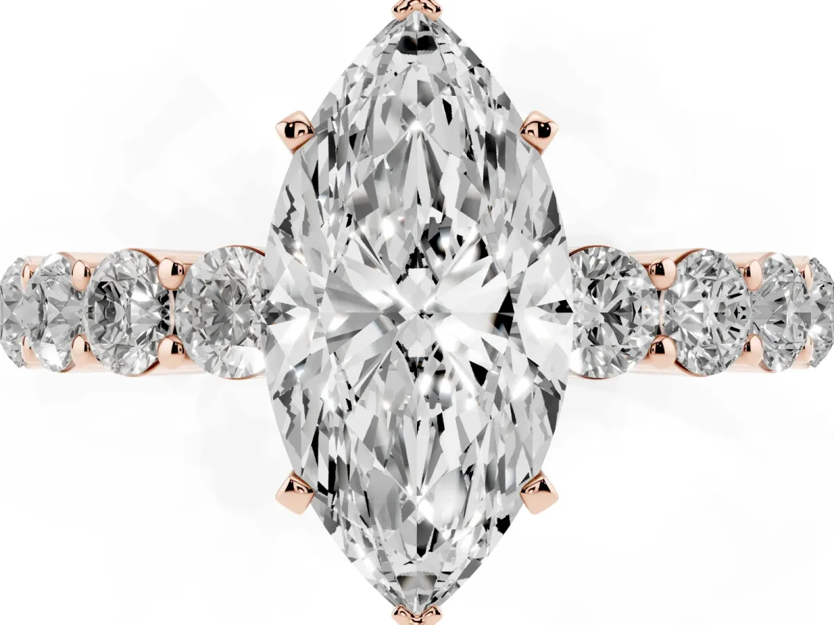 Marquise Cut Diamond Solitaire Ring with Shared Prong Round Side Stones Rose gold