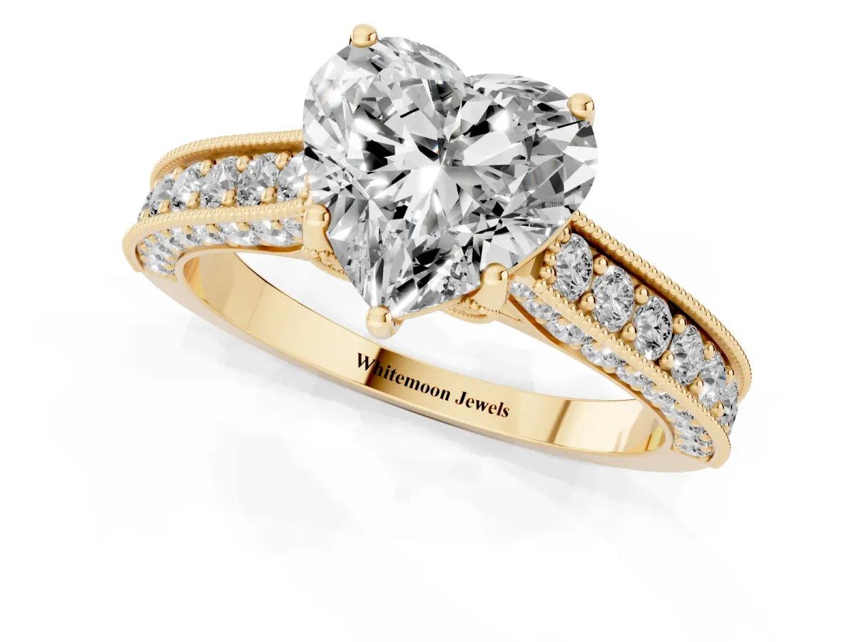 Heart Cut Cut Diamond Solitaire Ring with Milgrain Pave Band and Four Prong Setting Yellow gold
