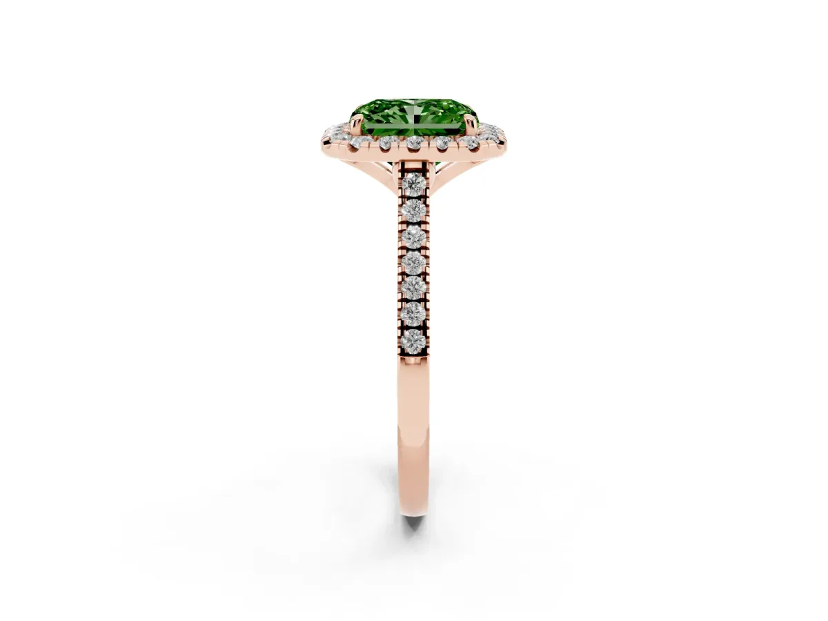 Fancy Green Radiant Cut Diamond Cushion Halo Ring with Pavé Band Rose gold