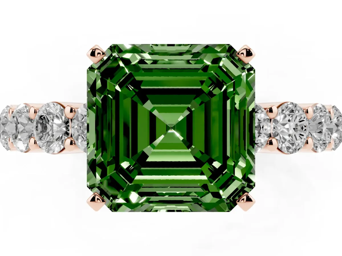 Fancy Green Asscher Cut Diamond Solitaire Ring with Shared Prong Round Side Stones Rose gold
