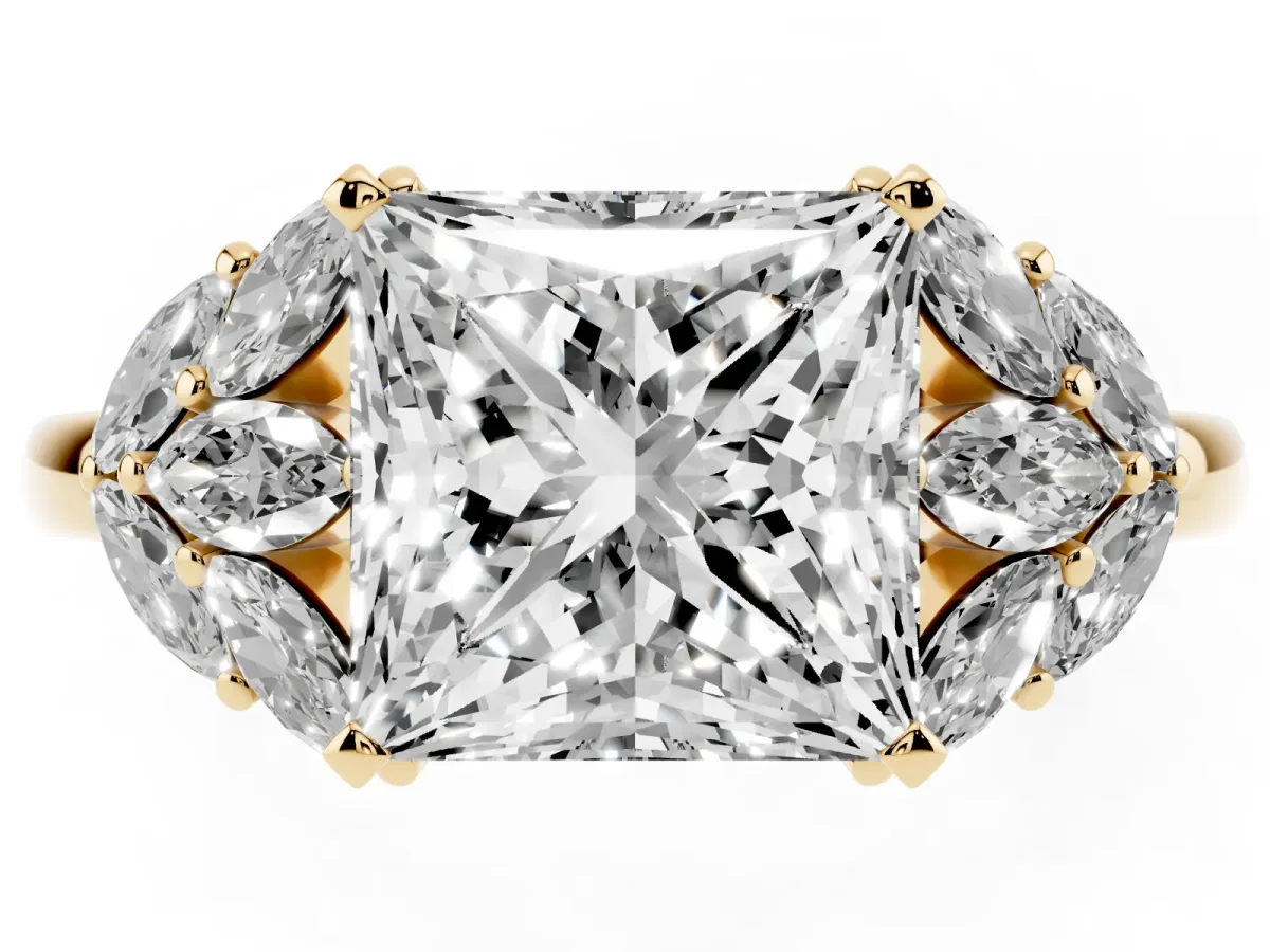 Princess Cut Diamond Cluster Leaf Design Ring with Prong Setting Yellow gold