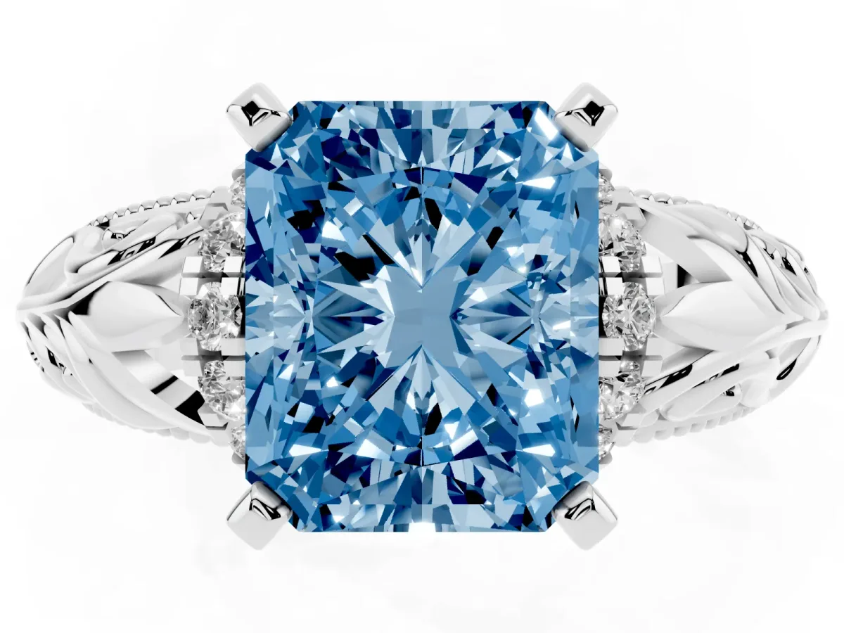 Fancy Blue Radiant Cut Solitaire Filigree Engagement Ring with Halo and Prong Setting White gold
