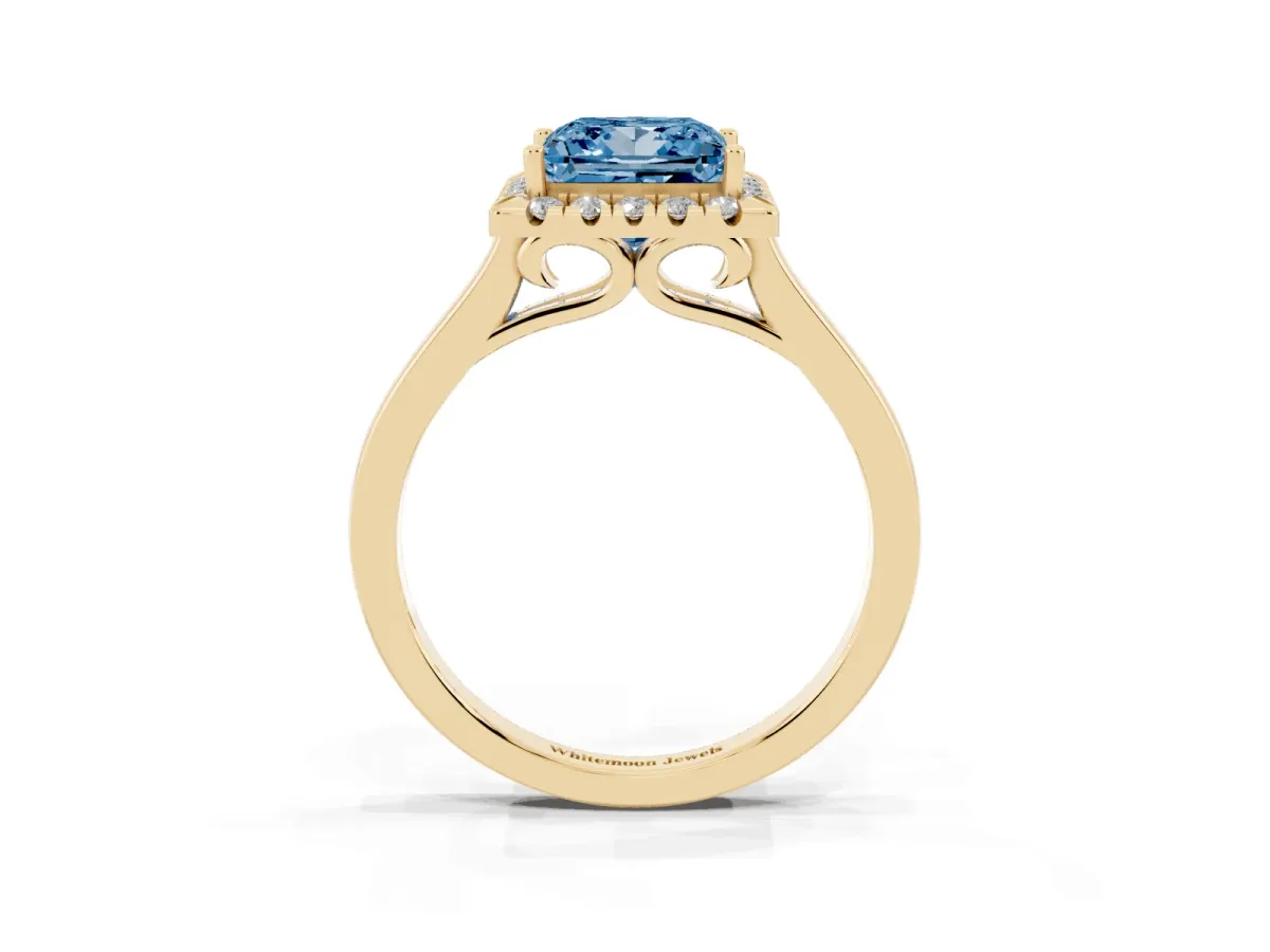 Fancy Blue Princess Cut Halo Round Diamond Solitaire Ring with Pavé Band and Four-Prong Setting Yellow gold