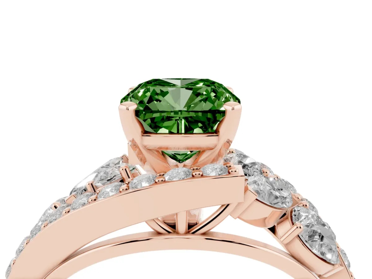 Fancy Green Cushion Cut Diamond Halo Ring with Marquise and Pavé Band in Prong Setting Rose gold