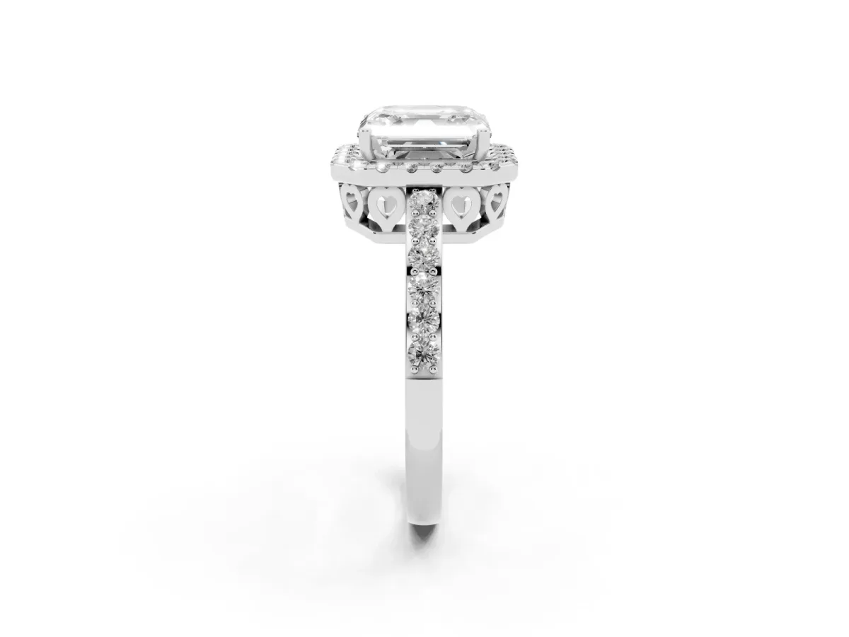 Asscher Cut Halo Diamond Pavé Band Ring with Prong Setting Silver