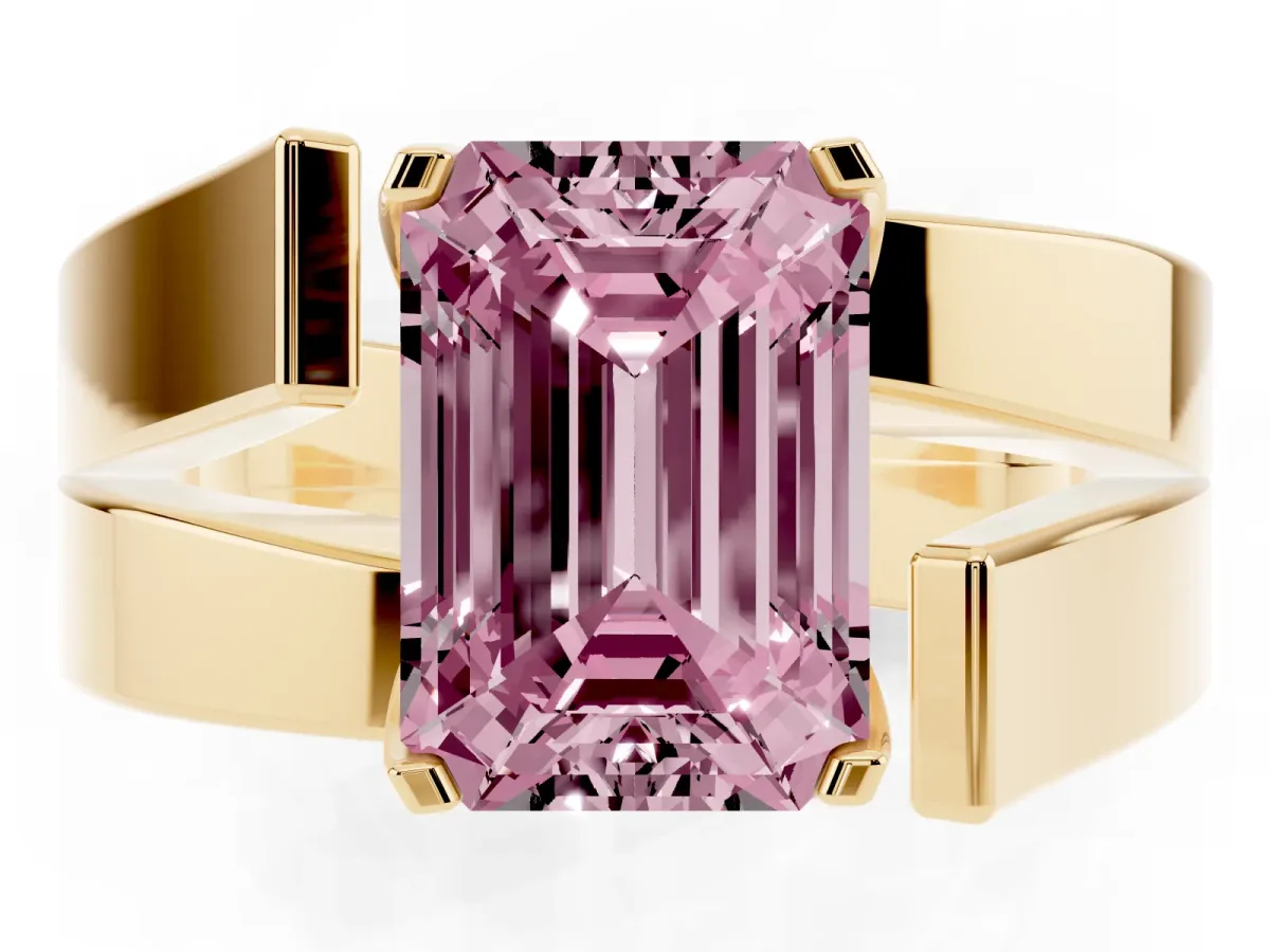 Fancy Pink Modern Tension Set Emerald Cut Diamond Solitaire Wide Band Ring Yellow gold