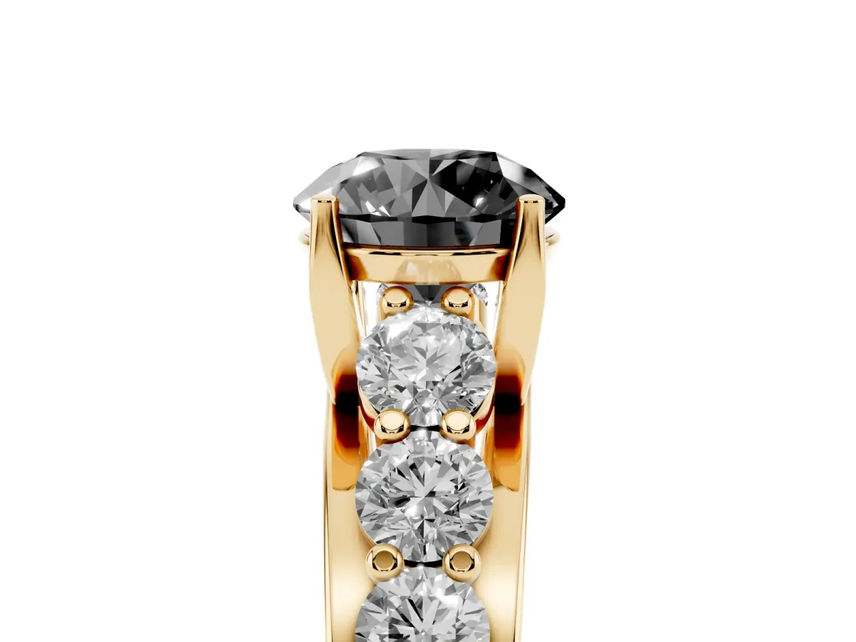 Fancy Black Round Cut Diamond Engagement Ring with Pavé Band and Four-Prong Setting Yellow gold