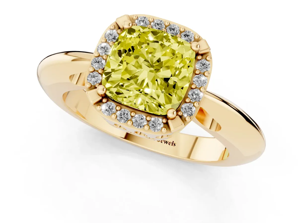 Fancy Yellow Cushion Cut Cut Diamond Halo Engagement Ring with Split Shank and Four-Prong Setting Yellow gold