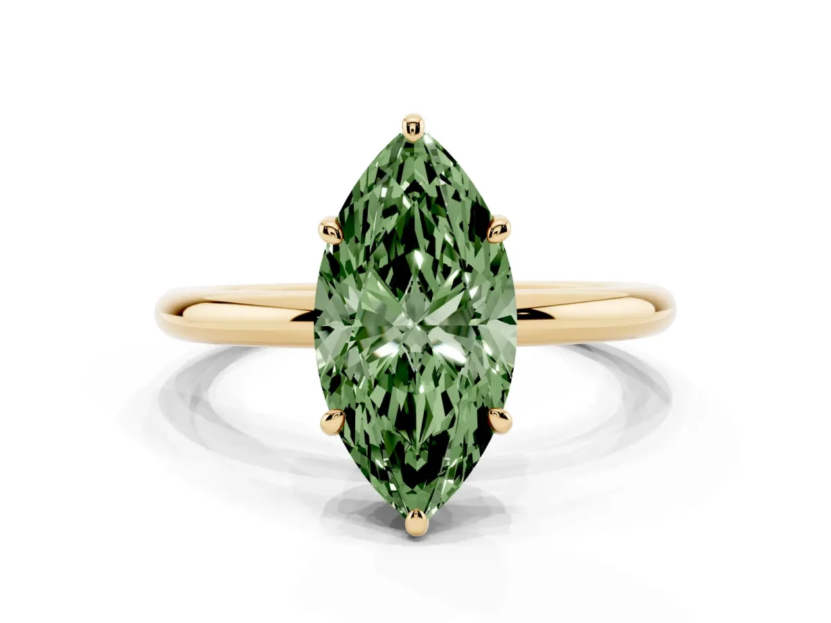 Fancy Green Oval Cut Solitaire Diamond Ring with Four-Prong Setting on a Plain Band Yellow gold