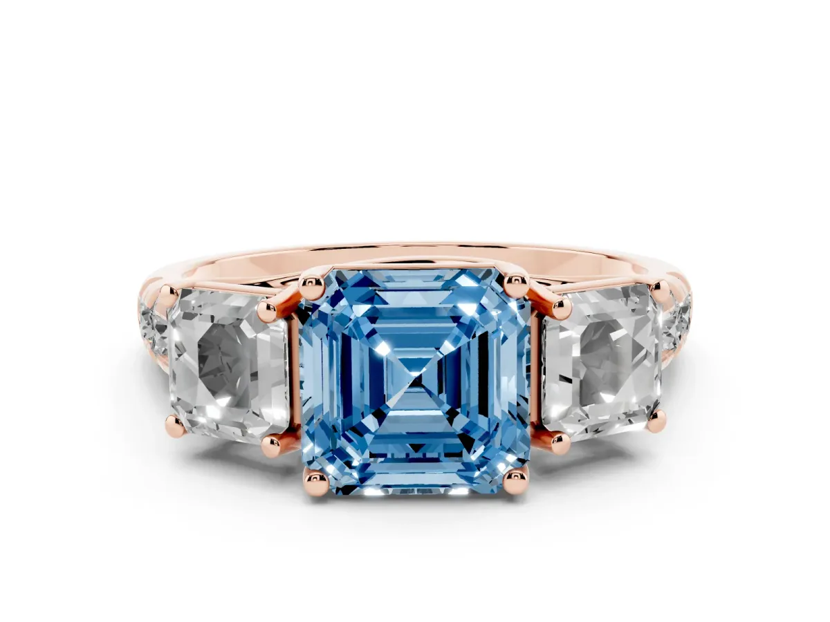 Fancy Blue Three-Stone Asscher Cut Diamond Pavé Band with Prong Setting Rose gold