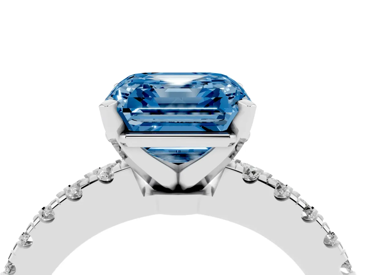 Fancy Blue Asscher Cut Solitaire Diamond with Pavé Band and Four-Prong Setting Silver