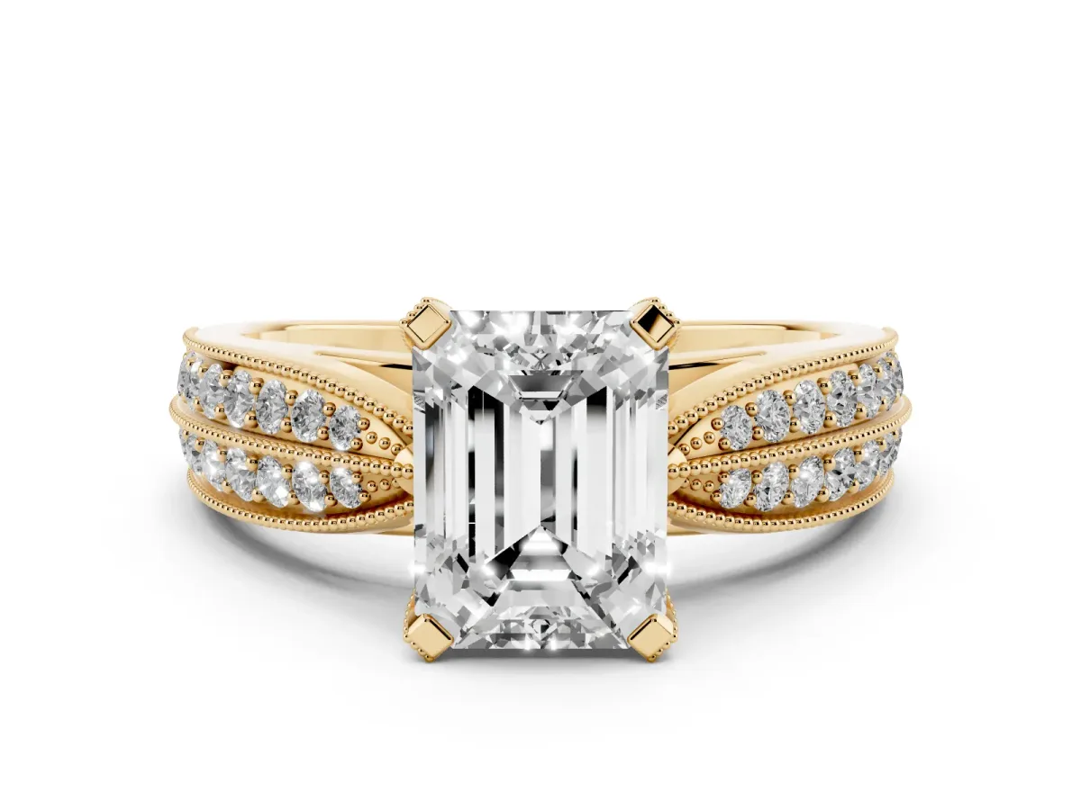 Emerald Cut Diamond Solitaire Ring with Milgrain Round Pavé Band and Prong Setting Yellow gold