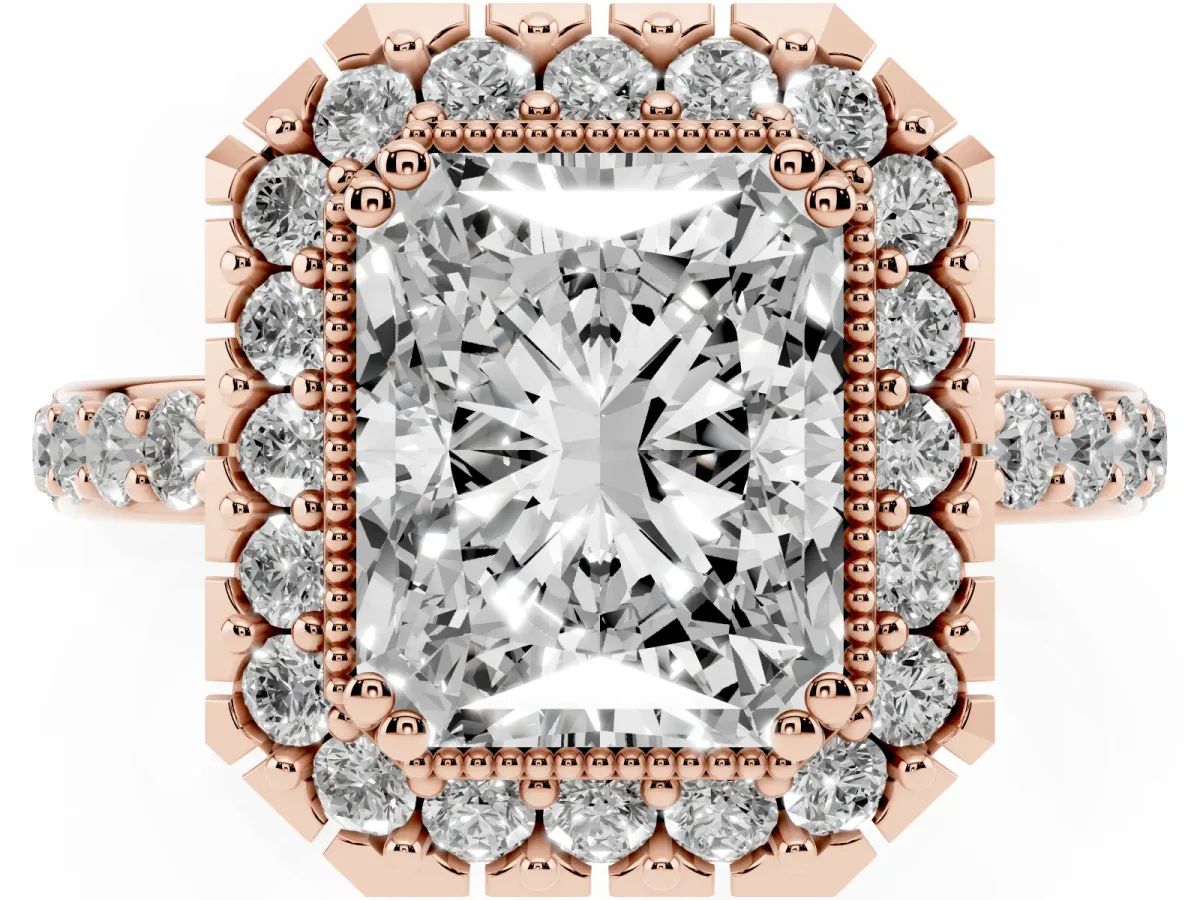 Radiant Cut Diamond Halo Ring with Pavé Band and Prong Setting Rose gold