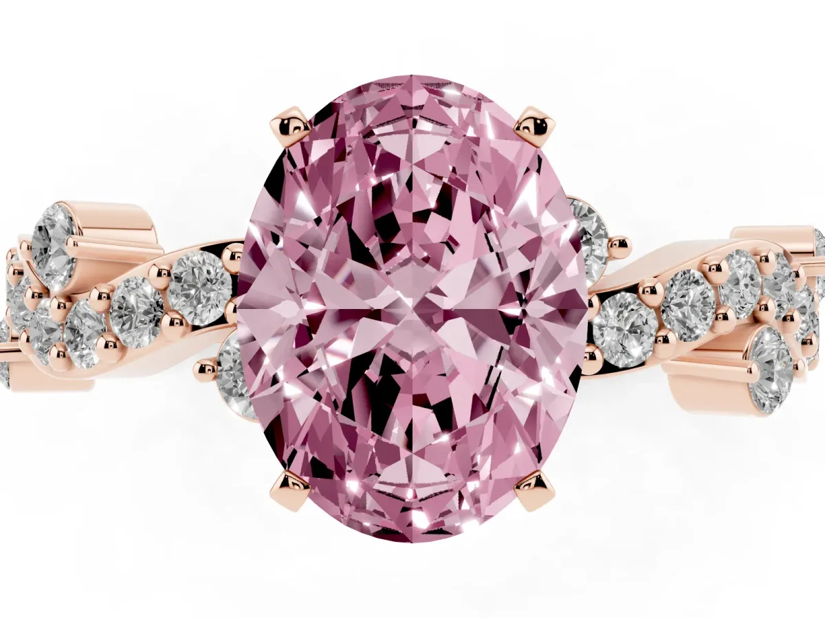 Fancy Pink Oval Cut Cut Solitaire Diamond Twisted Band with Pave Setting Rose gold